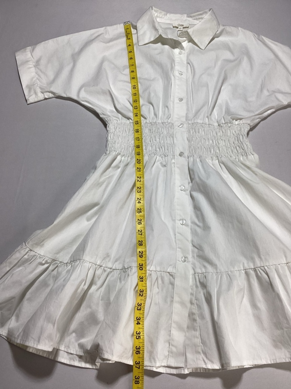White Short Sleeve Mini Shirt Dress with Smocked Waist - Picture 9 of 12